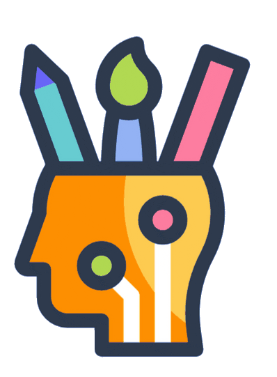 Creative thinking — a head with a pencil, paint drop and paintbrush